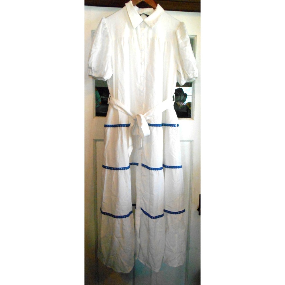 Pretty Garden White Tiered Shirt Dress Boho Cottagecore Midi Large Trim Ric Rac